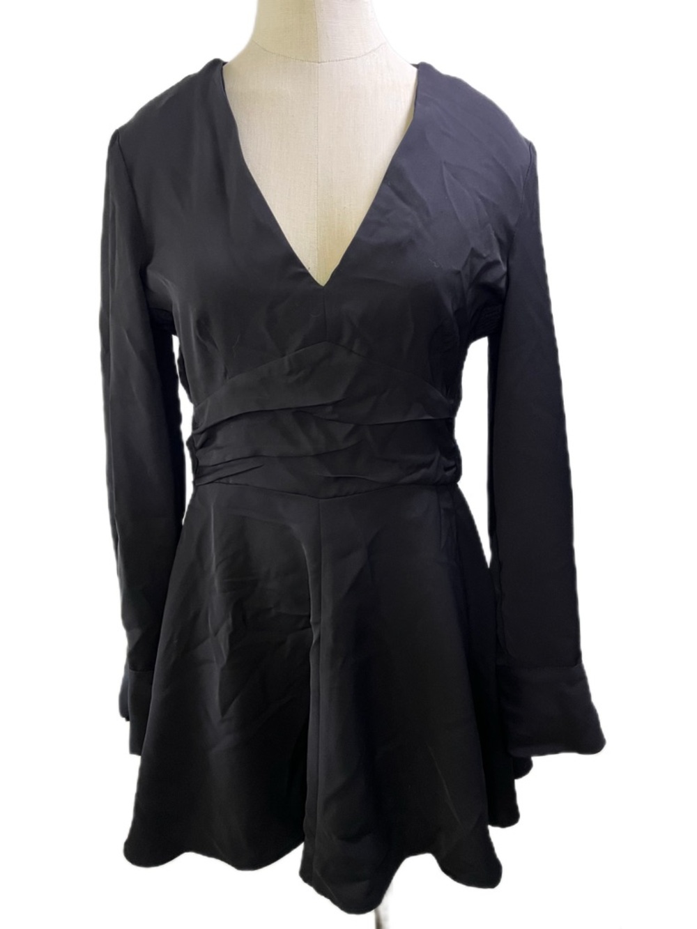Zara Black Long Sleeve V-Neck Fit-and-Flare Dress